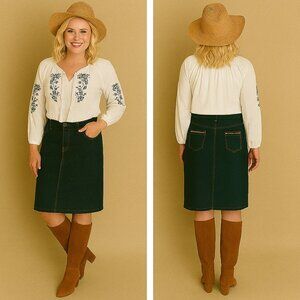 Vintage Christopher & Banks Denim Midi Skirt Exposed Zipper Detail Back Pockets